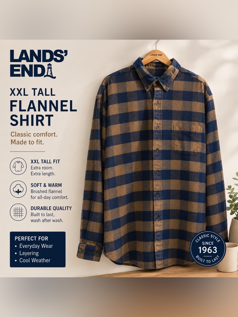 Lands’ End XXL Tall Blue & Tan Plaid Flannel Shirt